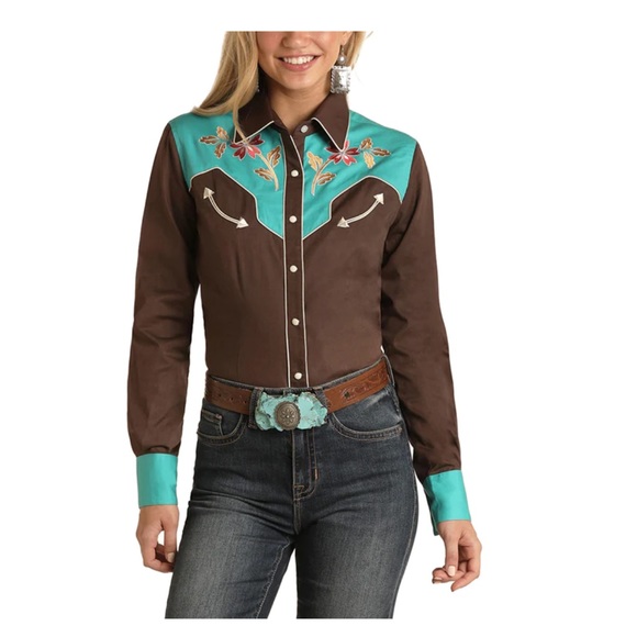 Panhandle Slim Tops - NWT Panhandle Retro Embroidered Turquoise & Chocolate Shirt SZ M